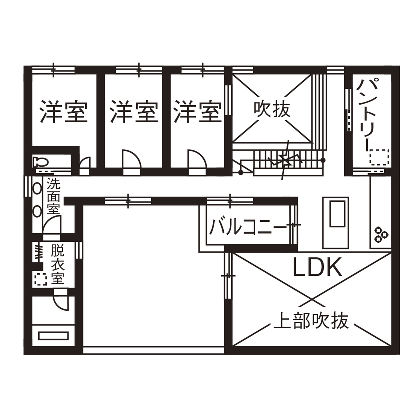 アールギャラリー(アールプランナー) 【4000万円台/2階建て/ビルトインガレージ/中庭/コの字型/間取り図】吹抜け土間＆リビングで遊び心を育む家の間取り図（5K以上）2階