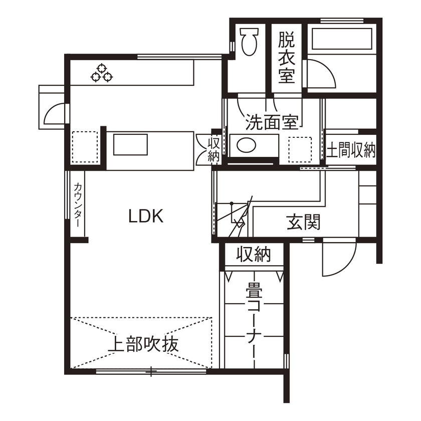 アールギャラリー(アールプランナー) 【2000万円台/30坪台/間取り図】吹抜け×快適動線で、面積以上の広がりを。都市生活で非日常を満喫する家の間取り図（4LDK）1階