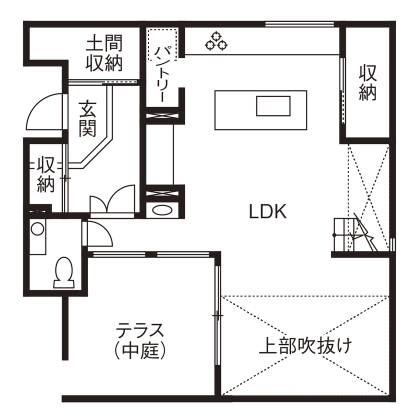 アールギャラリー(アールプランナー) 【3000万円台/シンプルモダン/30坪台/間取り図】カーテンのいらない都市生活。テラスを囲む、コの字型の家の間取り図（3LDK＋テラス）1階