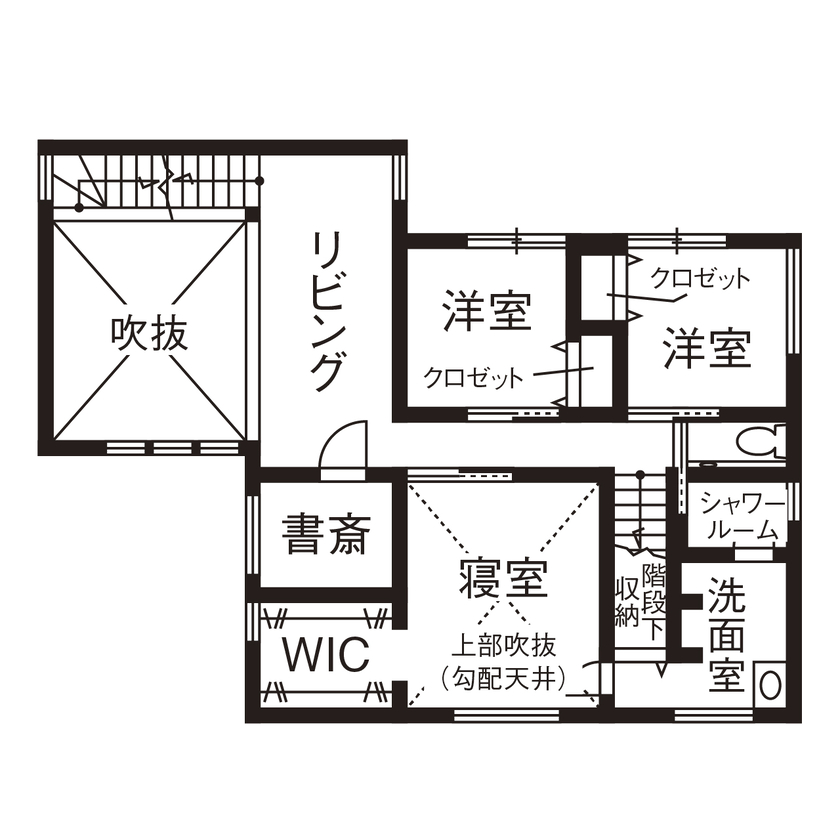 アールギャラリー(アールプランナー) 【ハイグレード住宅/40坪台/間取り図】北欧モダンと和の様式美の融合・ジャパンディスタイル。多層構造の家の間取り図（3LDK+書斎+屋上庭園）2階