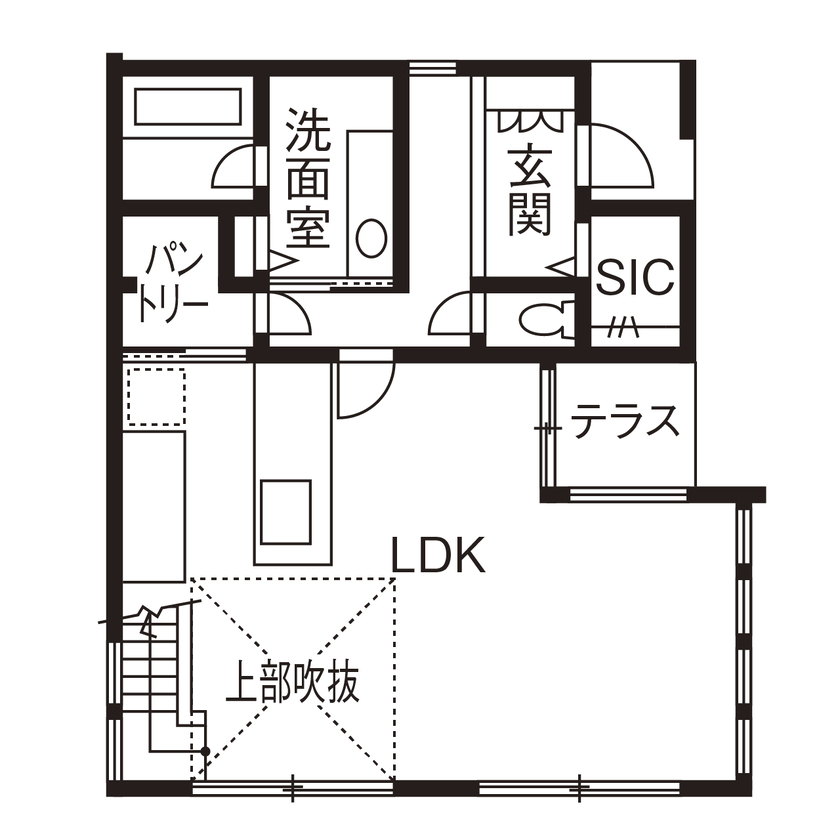 アールギャラリー(アールプランナー) 【3000万円台/30坪台/3LDK/間取り図】吹抜け×大窓×屋上庭園×家事ラク動線。日常と非日常がつながる素敵空間の間取り図（3LDK＋WIC+SIC）1階