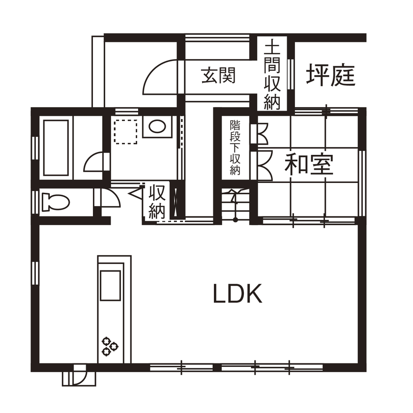 アールギャラリー(アールプランナー)  【1000万円台/30坪台/4LDK/間取り図】芝生で遊んで、デッキで寛ぐ、屋上のあるアウトドアリビングの家 の間取り図（4LDK）1階