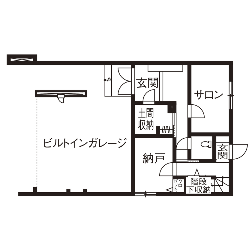 アールギャラリー(アールプランナー) 【3000万円台/50坪/ビルトインガレージ/店舗併用住宅/間取り図】天井高4ｍ超の大空間でホテルライクな家の間取り図（3LDK）1階