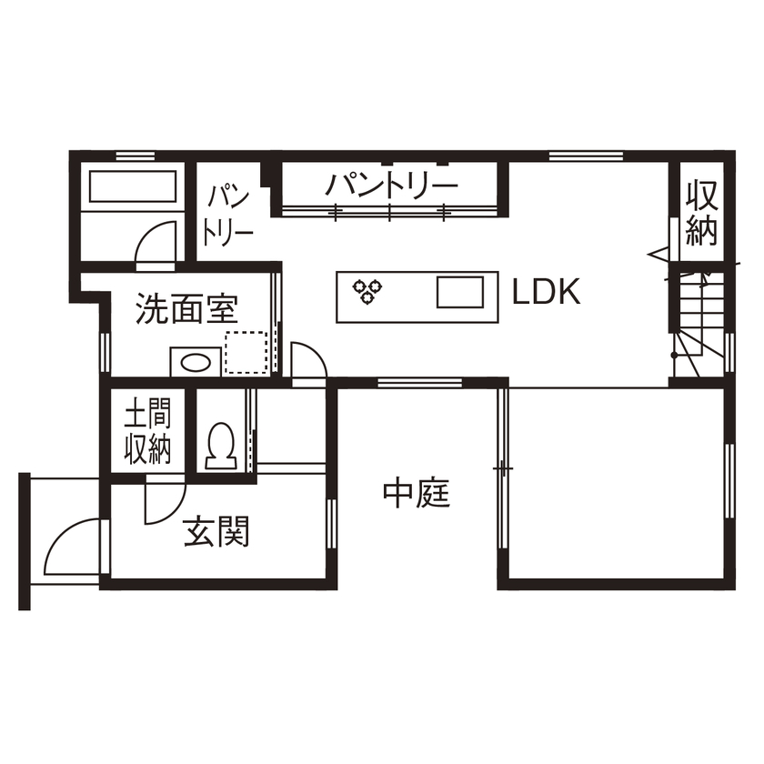 アールギャラリー(アールプランナー) 【1000万円台/30坪台/3LDK/間取り図】中庭を家族だけのプライベートラウンジに。外を閉じ、内を開放する家の間取り図（3LDK）1階