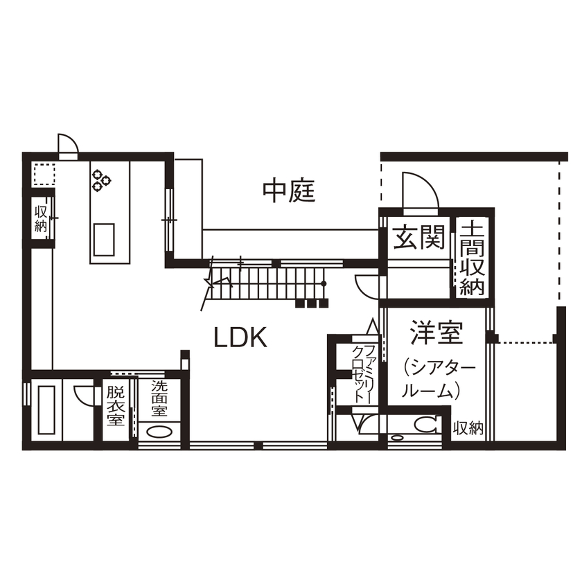 アールギャラリー(アールプランナー) 【3000万円台/40坪/4LDK/間取り図】ガレージと中庭のある暮らし。コートハウスで、おうち時間を満喫の間取り図（4LDK）1階