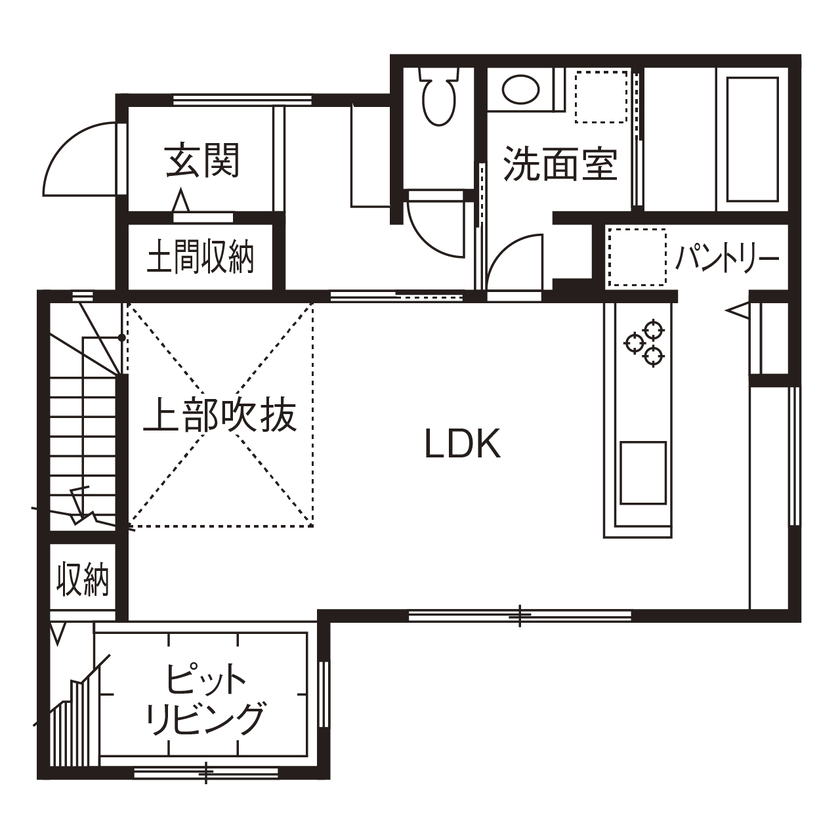 アールギャラリー(アールプランナー) 【1000万円台/30坪台/間取り図】シンプルモダンな空間に広がる開放感。吹抜けとピットリビングのある家の間取り図（3LDK）1階