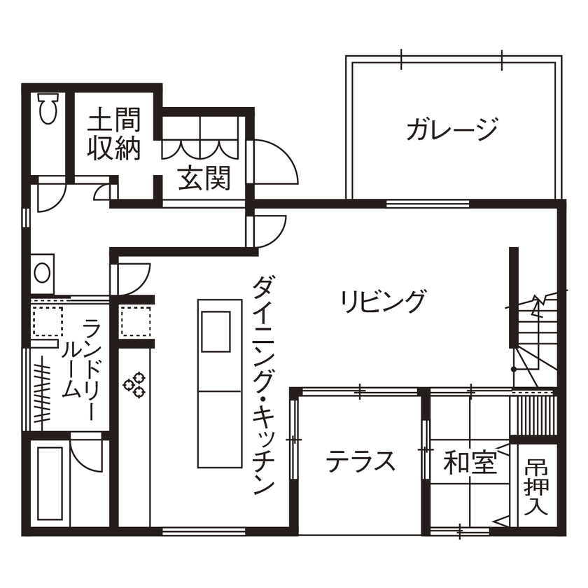 アールギャラリー(アールプランナー) 【3000万円台/ガレージ/2階建て/40坪台/3LDK/間取り図】趣味空間、暮らしやすさを叶えたガレージハウスの間取り図（3LDK）1階