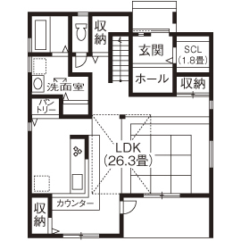 リアルホーム 【四日市/見学可能】家族6人の顔が見える居酒屋風キッチン!間取りに工夫がつまった2000万円で建つ家の実例の間取り図（4LDK）１階
