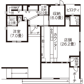 リアルホーム 【三重県/間取り図】2階LDKでプライバシーも配慮!中庭のあるおしゃれな店舗併用住宅で夢だったカフェを実現の間取り図（2LDK）1階