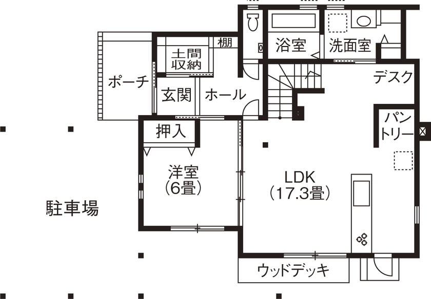 リアルホーム 【間取り図掲載あり｜長期優良住宅】20代で実現！念願の広い駐車場と光と風を感じるガーデンデッキのある家の間取り図（4LDK）1階