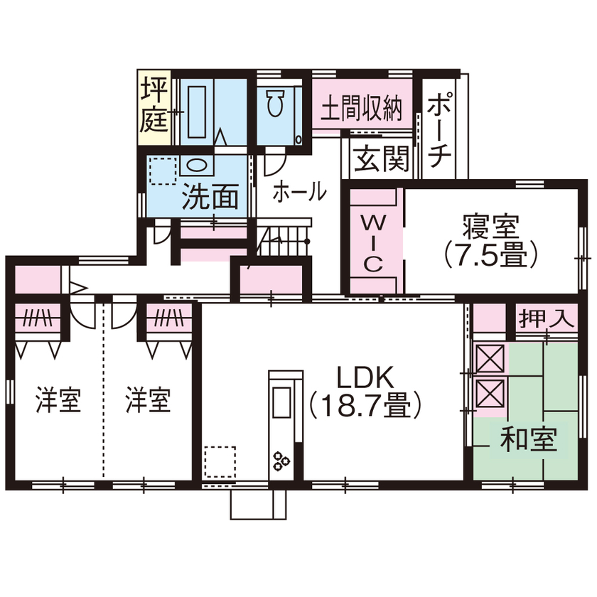 リアルホーム 【平屋/2000万円台/34坪台】エアコン一台で夏も冬も快適！土間収納にロフト、坪庭を設けたこだわりの平屋の間取り図（4LDK）1階