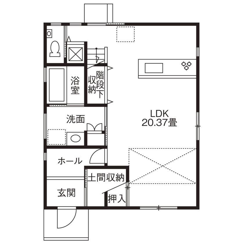 リアルホーム 【三重県/1000万円台/間取り図/吹抜け】無駄を省き、約30坪でも収納充実！シンプルで住みやすい2階建て実例の間取り図（2LDK）1階