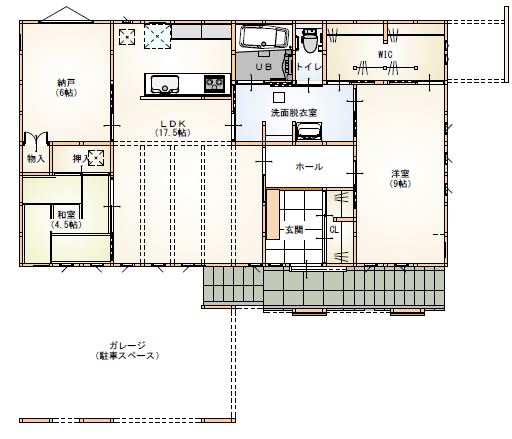 サンジョーホーム 【一宮市/平屋/間取り図】ガレージで趣味も楽しみ、バリアフリー仕様の自然素材溢れるおしゃれな2世帯住宅の間取り図（3LDK）1階