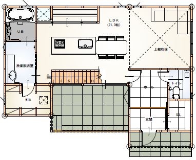 サンジョーホーム 【愛知県一宮市/間取り図】オシャレなデザイン&住み心地の両立!素材を活かしたリゾートライクの2階建て実例の間取り図（4LDK）１階