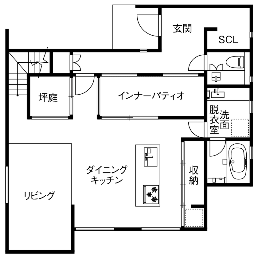 サンジョーホーム 【リゾート×ホテルライク/間取り図】坪庭・中庭で雨音も心地いいBGMに。素材の質感が随所に光る実例の間取り図（3LDK＋書斎）1階