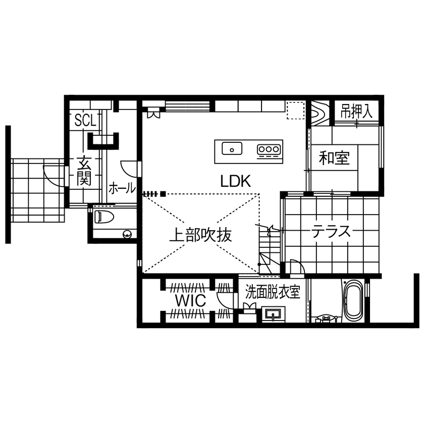 サンジョーホーム 【ホテルライク/中庭/間取り図】上質な室内。住みやすさとおもてなしを兼ね備えた多彩な居場所のある実例の間取り図（4LDK＋小屋裏収納）1階