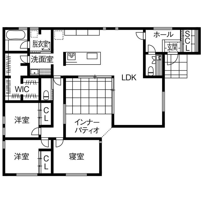 サンジョーホーム 【平屋/中庭/間取り図】モデルハウスを参考にした30坪とは思えない開放的な空間。無駄を省き収納も充実の家の間取り図（3LDK）1階