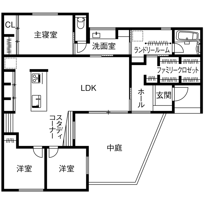 サンジョーホーム 【平屋/1000万円台/間取り図】外とのつながりを意識したL字型。29坪・3LDKのコンパクトな平屋の実例の間取り図（3LDK+FCL）1階