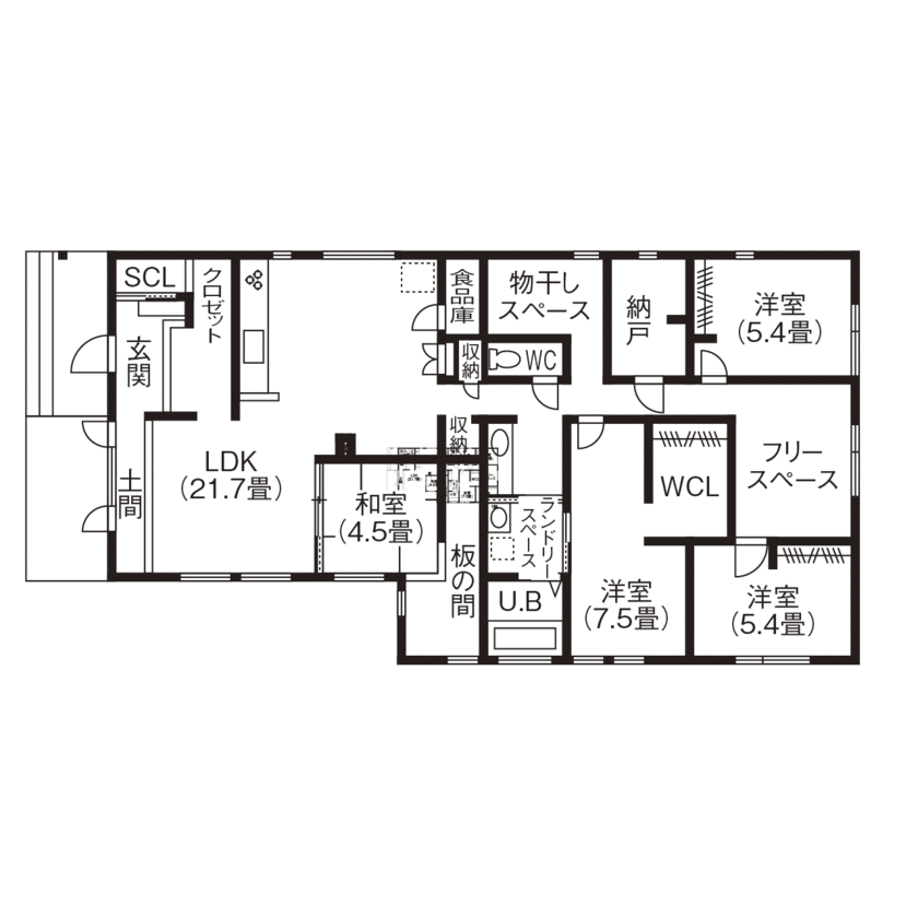 大進ホーム 【札幌市　41坪　平屋　夫婦+子ども4人　2000万円台の家】モダンと和を融合した住まいの間取り図null