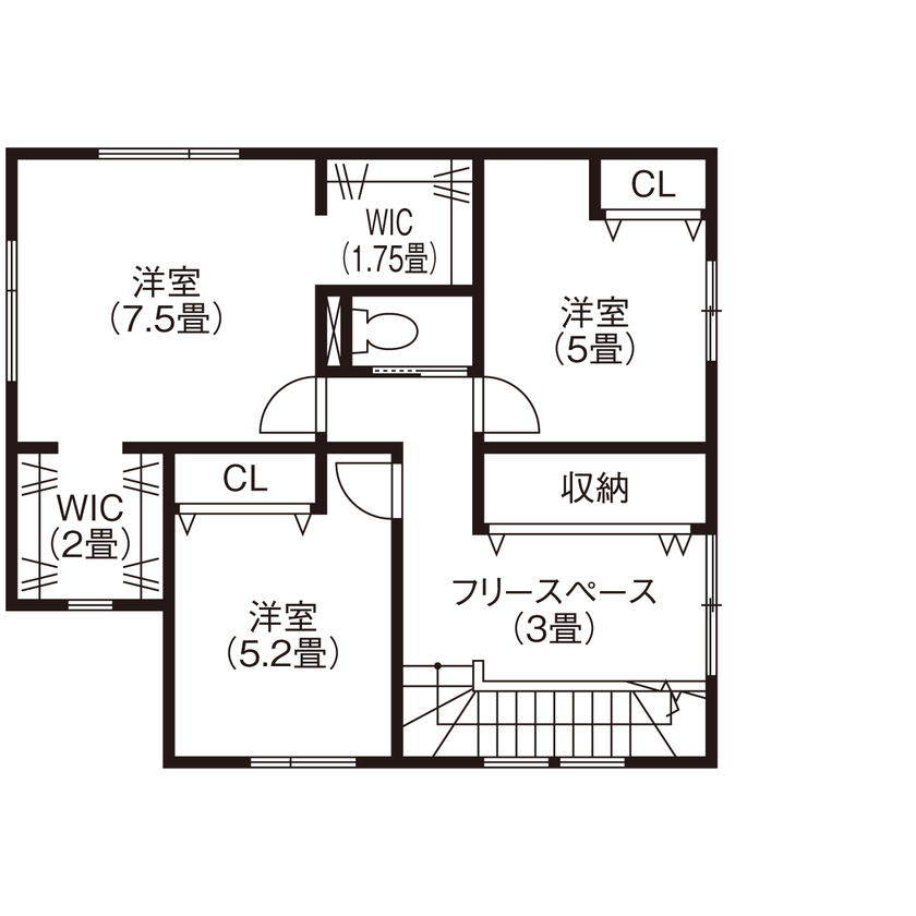 大進ホーム 【2000万円台／33.9坪】地元できちんと家づくりをしている会社を選んで大正解！これからの暮らしが楽しみにの間取り図（4LDK+フリースペース）2階