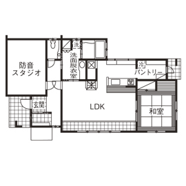 アイワホーム 【本体価格2336万円/48.03坪】理想の世界感を叶えた、光溢れるシャビーシックで柔らかな空気が漂う白い家の間取り図（4LDK+防音室）1階