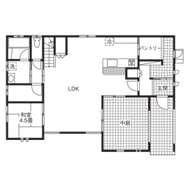 アイワホーム 【本体価格2050万円/43.84坪】大きな中庭から望むプライベートスカイ。毎日を楽しみ、ゆったり過ごす住まいの間取り図（4LDK）1階