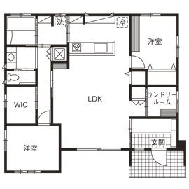 アイワホーム 【本体価格1750万円/24.7坪】勾配天井とダウンリビングが大空間を演出するブルックリンテイストの平屋の間取り図（2LDK）1階
