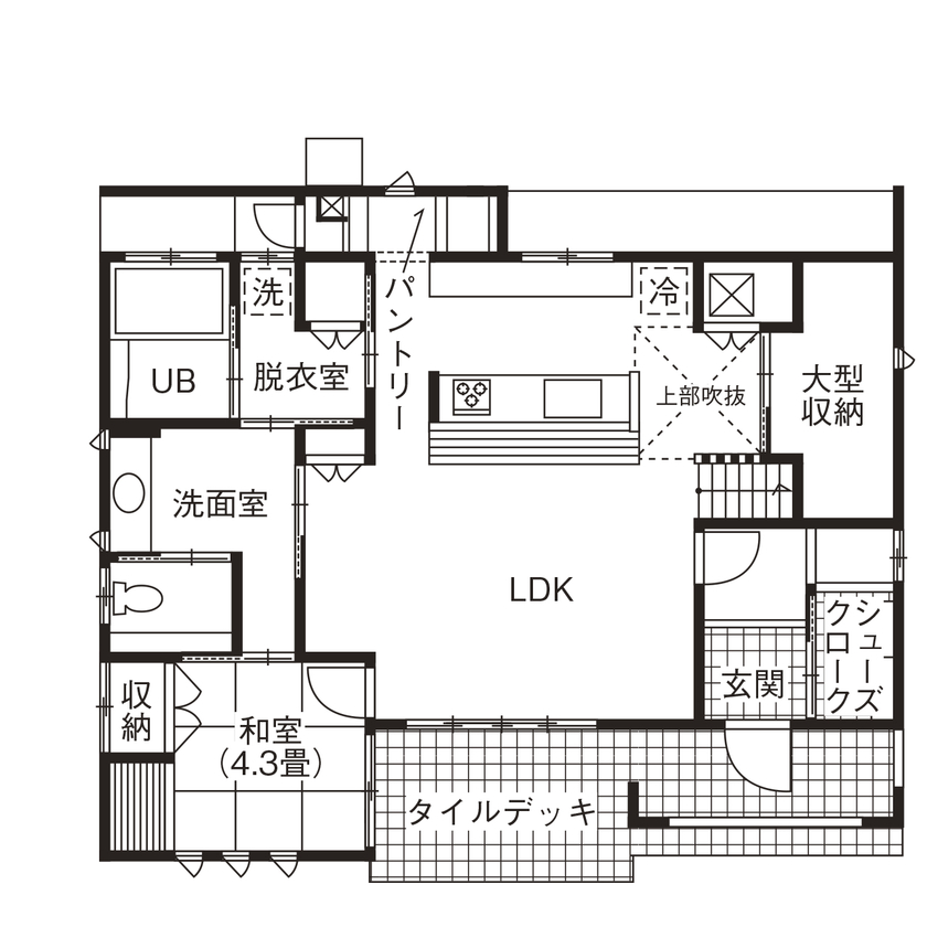 アイワホーム 【本体価格2070万円/37.637坪】ナチュラルな木の質感を感じられるシナベニアの天井とスキップフロアのある住まいの間取り図null1階