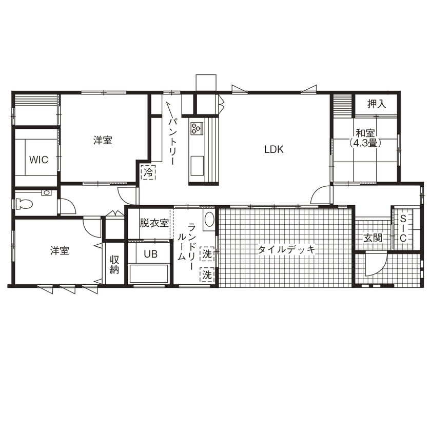 アイワホーム 【本体価格2290万円/30.9坪】シャープな勾配のある屋根とブラックの外壁がひときわ目を引く平屋の住まいの間取り図null1階