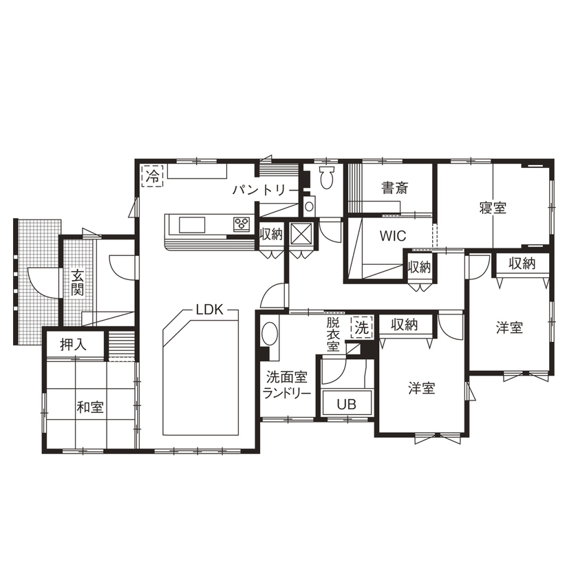 アイワホーム 【本体価格2290万円/34.9坪/平屋】「座る」リビングで空間を演出した、ダウンフロアのある平屋の住まいの間取り図（4LDK）１階
