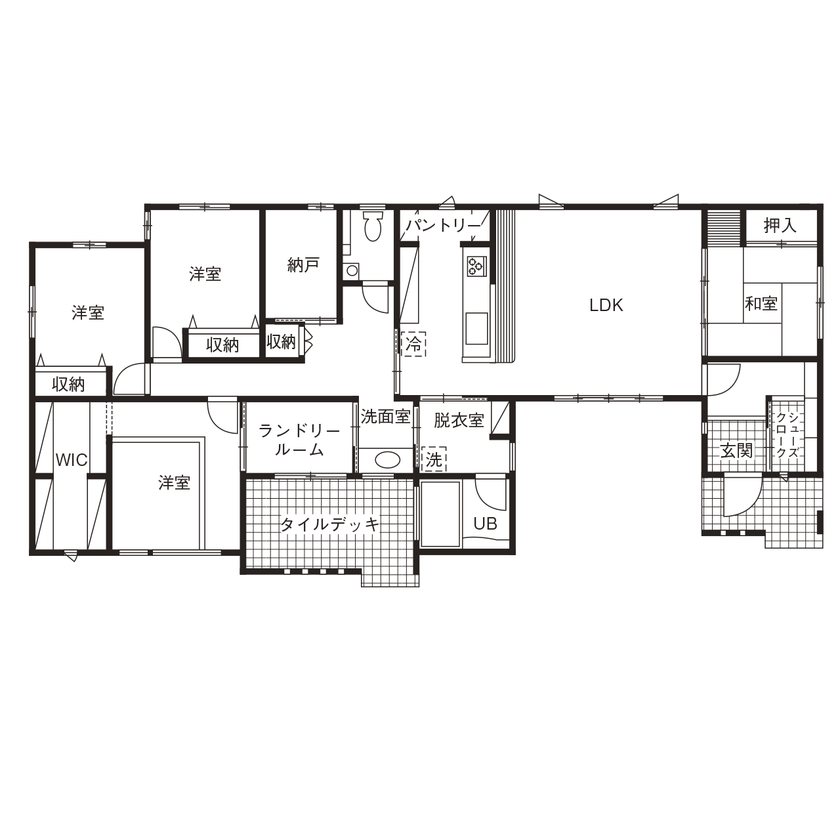 アイワホーム 【本体価格2,400万円/36.6坪/平屋】黒を基調に木目とモスグリーンの外壁をアクセントにした、ZEH仕様の平屋の住まいの間取り図null１階