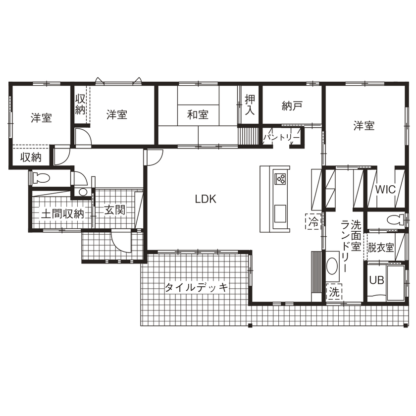アイワホーム 【本体価格2580万円/40.3坪/平屋】青空に映えるスタイリッシュな外観とナチュラルな内装の家の間取り図null１階