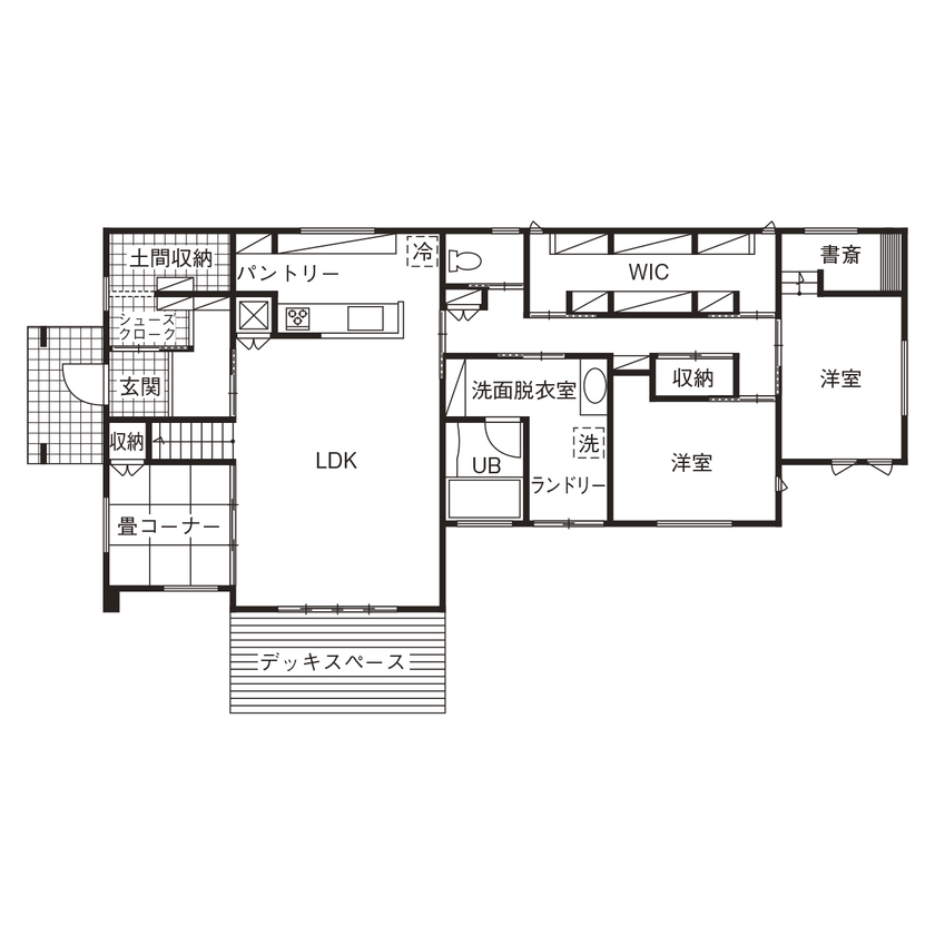 アイワホーム 【本体価格2680万円/37.2坪】高い天井のリビングと低い天井の和室がある、空間を上手に使った平屋の間取り図（4LDK）1階