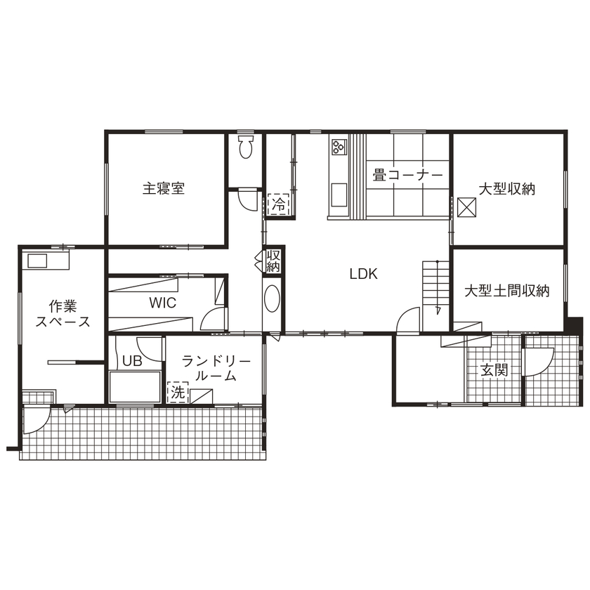 アイワホーム 【本体価格2500万円/38.3坪】白を基調とした洗練されたデザインのスキップフロアにキッズルームがある平屋の間取り図（4LDK）1階