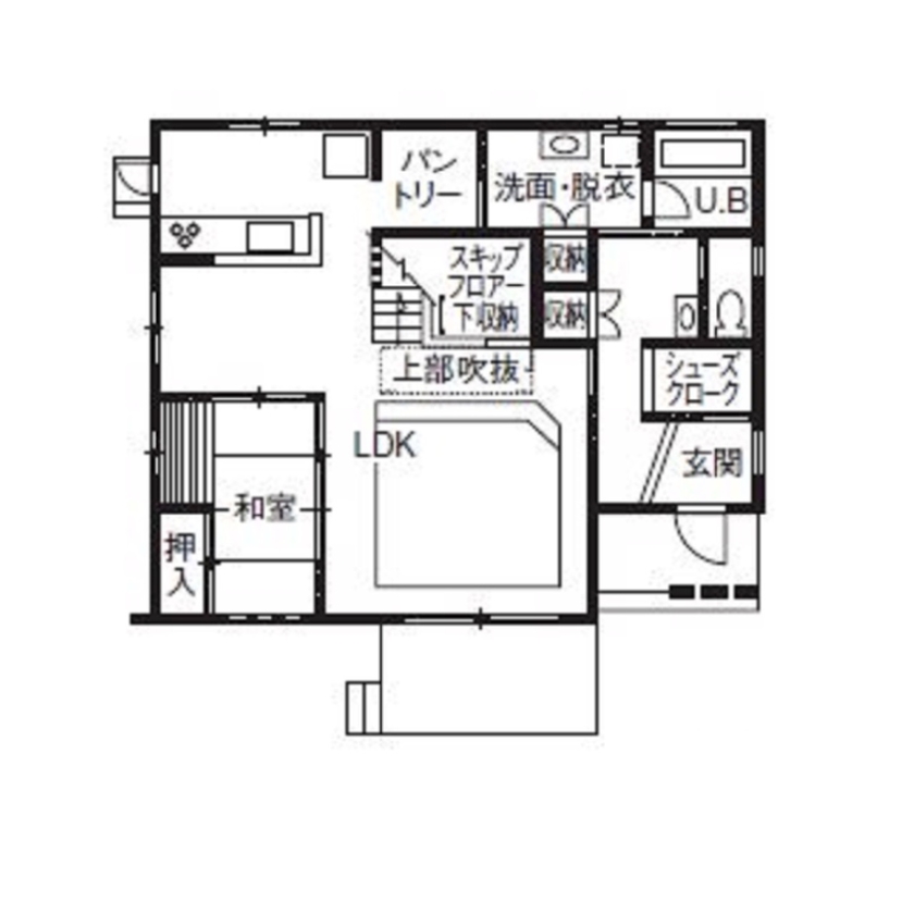 アイワホーム 【本体価格2400万円/40.5坪】外観・内観ともにお洒落な立体的空間を実現。遊び心あるメリハリのある暮らしの間取り図（4LDK）1階