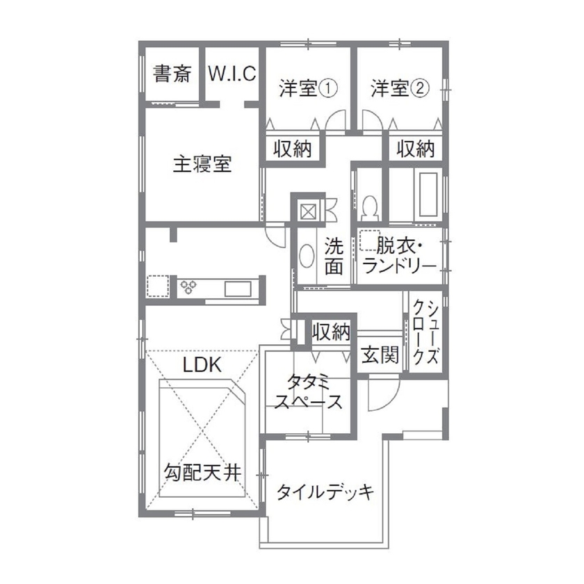アイワホーム 【本体価格2500～2999万円/33.5坪】のびやかな空間に家事ラクな動線。メリハリのある暮らしを楽しむ平屋の間取り図（3LDK）1階