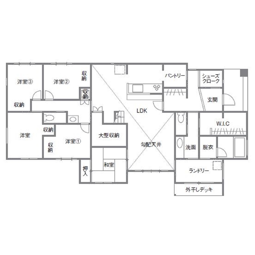 アイワホーム 【本体価格2500～2999万円/42.7坪】開放感溢れる天井とのびやかな空間でメリハリのある暮らしを楽しむ平屋の間取り図（5K以上）1階