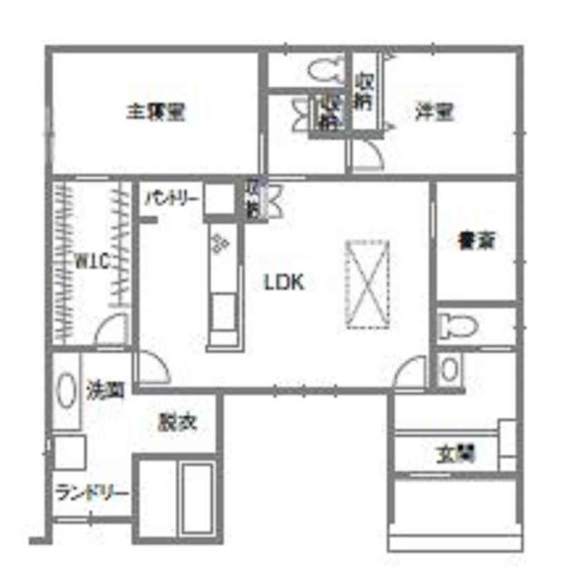 アイワホーム 【本体価格2000～2500万円/26.8坪】のびやかな勾配天井と回遊動線が◎好きな色が映えるナチュラルな平屋の間取り図（3LDK）1階