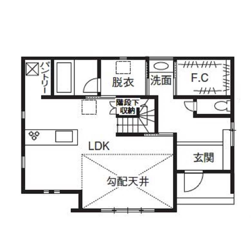 アイワホーム 【本体価格2000～2500万円/35坪】ホテルライクな空間を彩る照明に、多彩なクロスなど遊び心溢れる家の間取り図（4LDK）1階