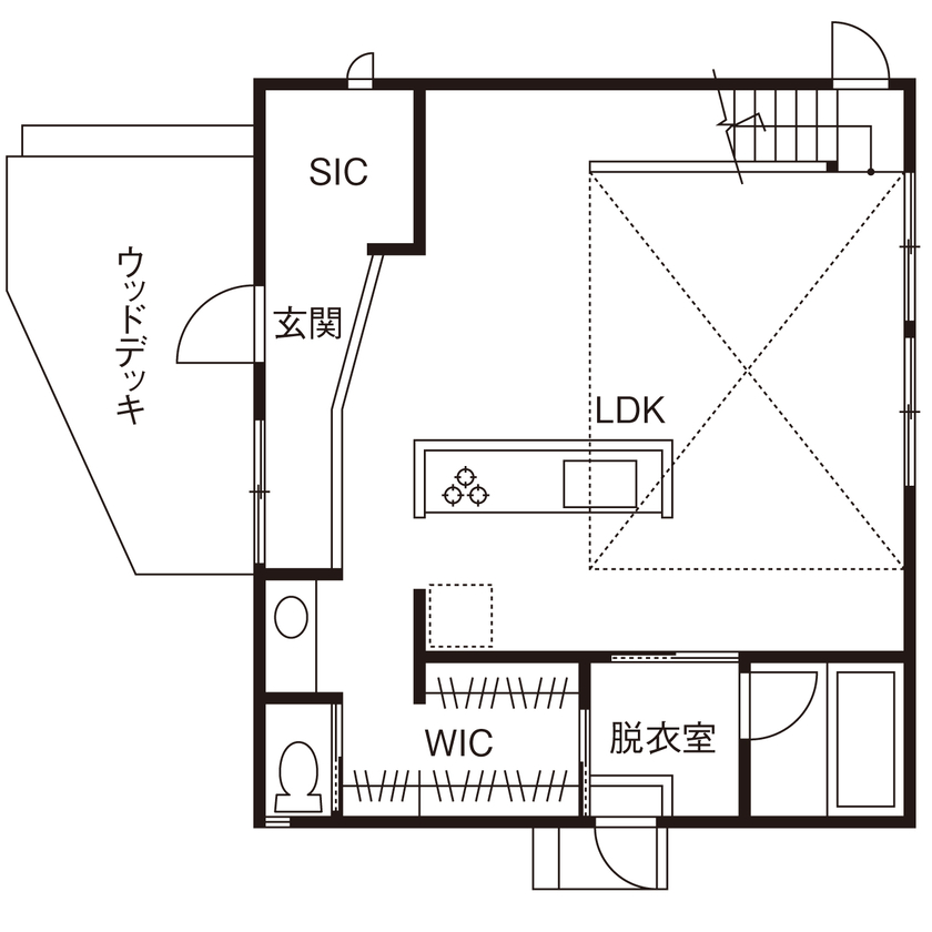 自然と木の家　スミャスク 【湘南/1000万円台/自然素材/間取り図】平屋のように暮らせる、オープンな吹抜けリビングの家の間取り図（1LDK）1階