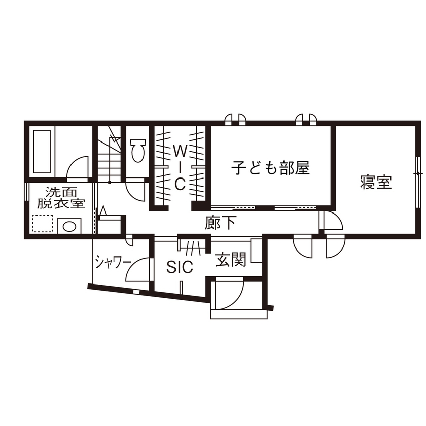 自然と木の家　スミャスク 【2000万円台/自然素材/2階リビング】勾配天井と広々バルコニーが開放感を高める、見晴らしの良い家の間取り図（2LDK＋小屋裏）1階
