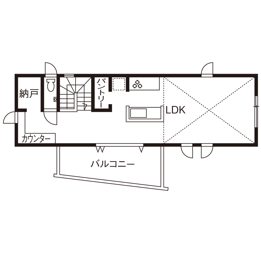 自然と木の家　スミャスク 【2000万円台/自然素材/2階リビング】勾配天井と広々バルコニーが開放感を高める、見晴らしの良い家の間取り図（2LDK＋小屋裏）2階