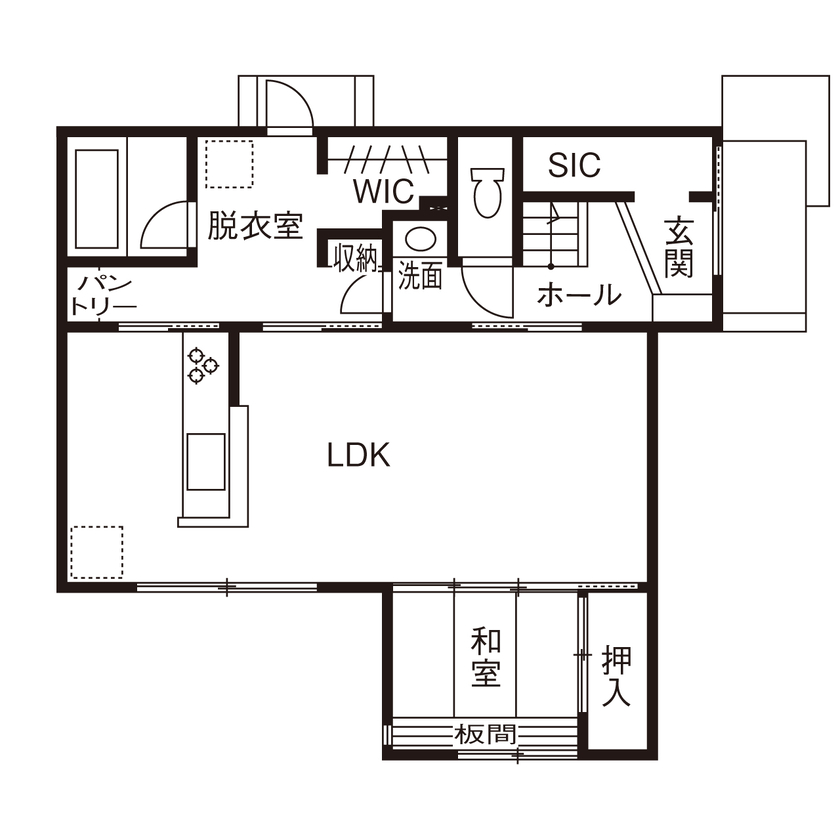自然と木の家　スミャスク 【2000万円台/自然素材/間取り図】深い軒と檜の格子が温泉旅館のような雰囲気を演出する和モダンな住まいの間取り図（3LDK＋書斎）1階