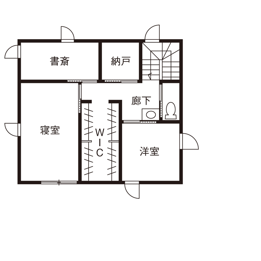 自然と木の家　スミャスク 【2000万円台/自然素材/間取り図】深い軒と檜の格子が温泉旅館のような雰囲気を演出する和モダンな住まいの間取り図（3LDK＋書斎）2階