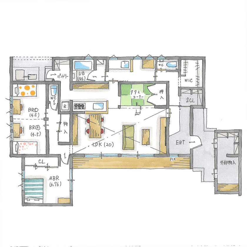 ルポハウス一級建築士事務所 【滋賀/平屋/2000万円台/30坪台/ガルバ/間取り図】時間や季節の変化を楽しむ暮らし。居場所を造る家の間取り図（2LDK）１階
