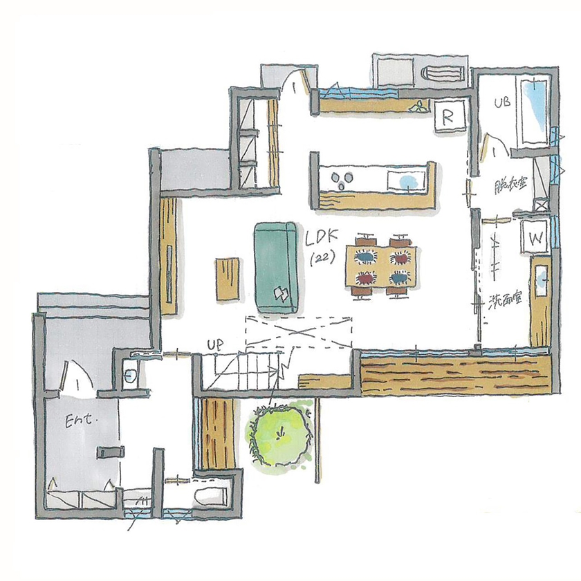 ルポハウス一級建築士事務所 【京都/2000万円台/30坪台/ガルバ/間取り図】サクラ並木をのぞむ「への字屋根」の家の間取り図（2LDK）１階