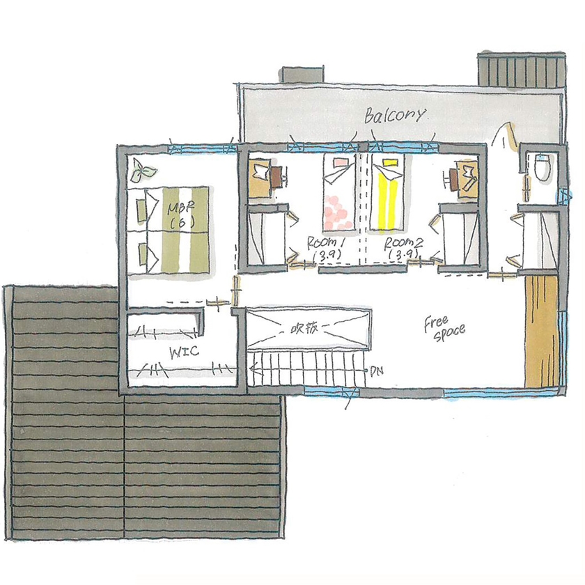 ルポハウス一級建築士事務所 【京都/2000万円台/30坪台/ガルバ/間取り図】サクラ並木をのぞむ「への字屋根」の家の間取り図（2LDK）２階