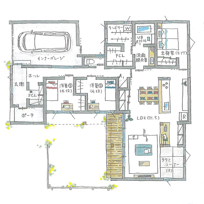ルポハウス一級建築士事務所 【3000万円台/滋賀/平屋/ビルトインガレージ】家族みんなでまったりする平屋。リビングに人が集まる間取りの間取り図（3LDK）１階