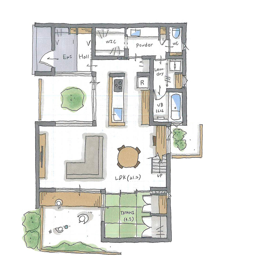 ルポハウス一級建築士事務所 【2000万円台/滋賀/中庭/吹抜け/子育て】二つのお庭がある家。非日常感が漂う暮らし良い住まいの間取り図（4LDK）１階