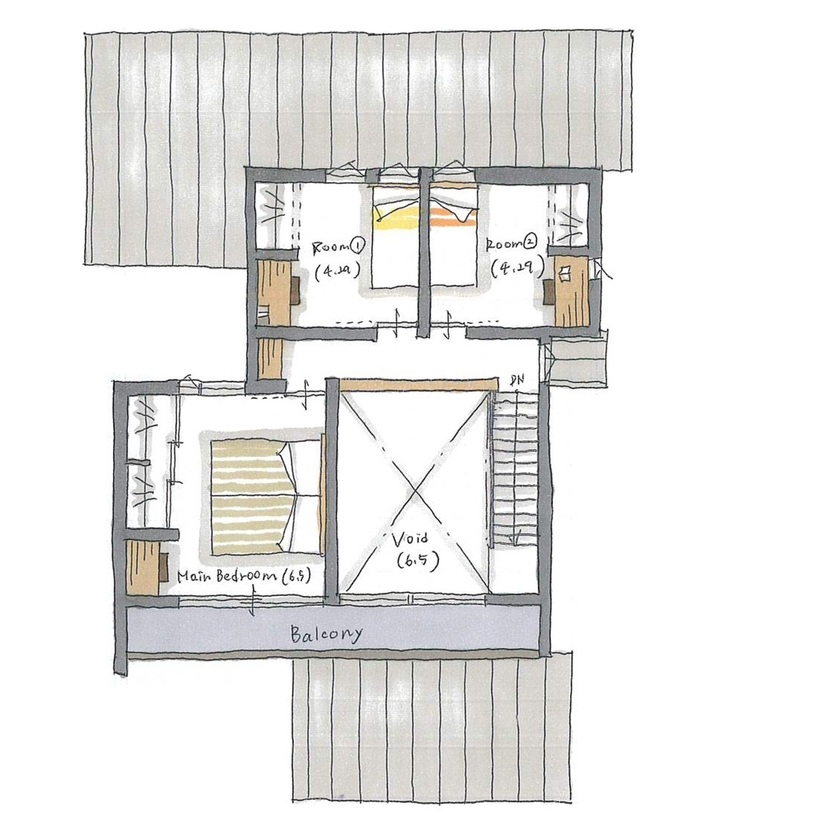 ルポハウス一級建築士事務所 【2000万円台/滋賀/中庭/吹抜け/子育て】二つのお庭がある家。非日常感が漂う暮らし良い住まいの間取り図（4LDK）２階
